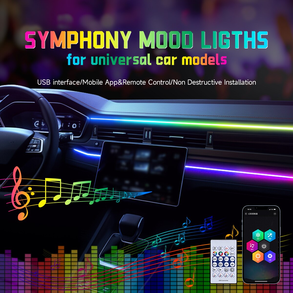 Car USB 64 Colors Acrylic Stri - Led Ambient Interior Car Lights App Control review and price